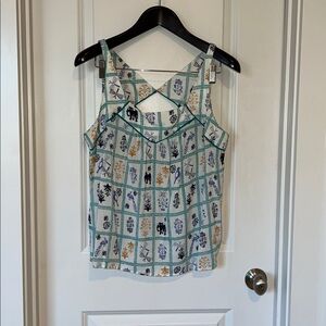 Anthropologie Maeve White Floral Grid Print Tank Top with Teal Accents